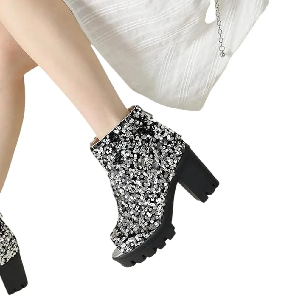 Silver Sequin Peep Toe Fairy Grunge Whimsigoth Sparkle Platform Lug Sole Boots 9